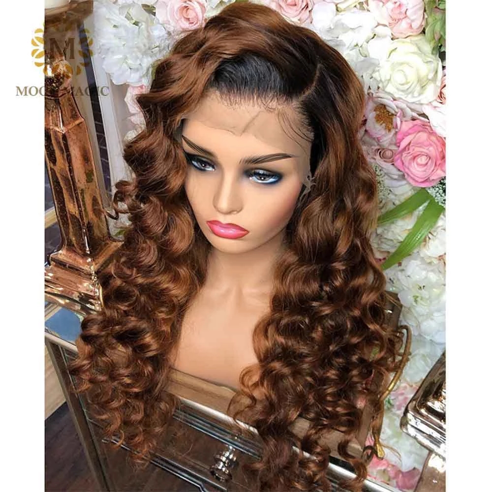 New Deep Wave Brown Ombre Colored Lace Frontal Wig Human Hair Wig 180 Density Synthetic Wig For Black Women