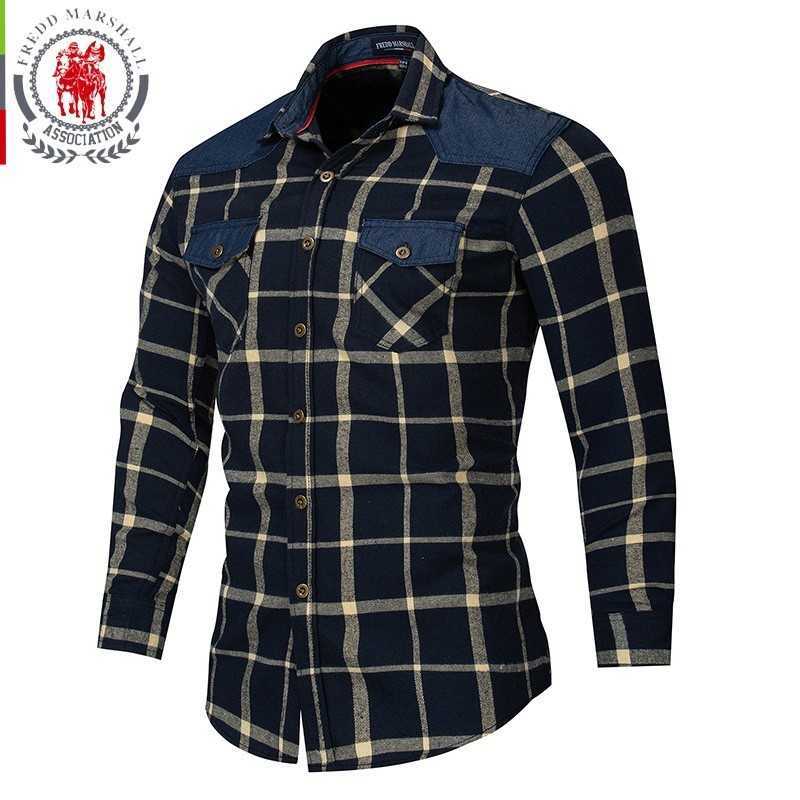 Fredd Marshall Men shirt Long Sleeve Plaid Dress Casual Shirt Autumn Thicken Business Work Shirt Male camisa masculina 172 210527