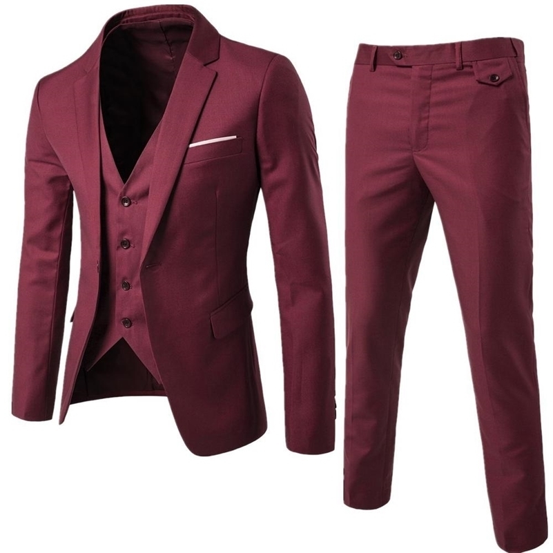 Burgundy Men's Suit Groom Wear Tuxedos 3 Piece Wedding Suits Groomsmen Man Formal Business Suit For Men (Jacket+Pant +vest) 211120