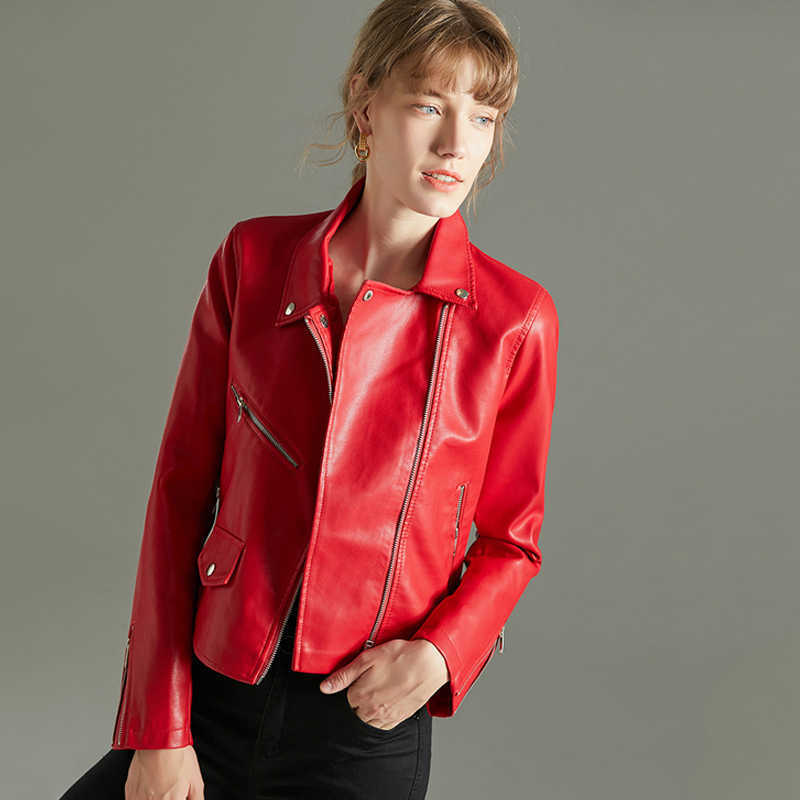 Ly Varey Lin Red Faux Soft Leather Basic Jackets Women Autumn Turndown Collar Rivet Zipper Biker Coat Pu Motorcycle Jacket 210526