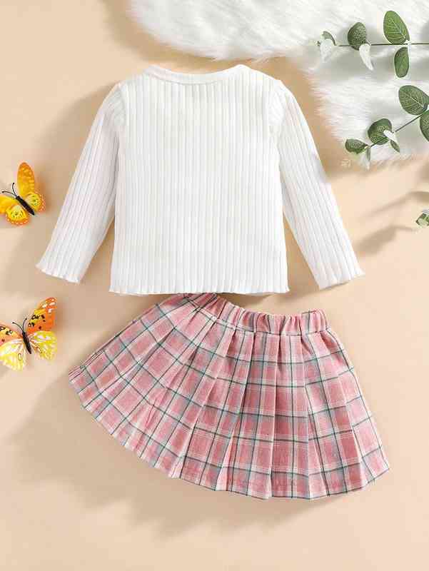 Baby Butterfly Patched Tee & Plaid Pleated Skirt SHE