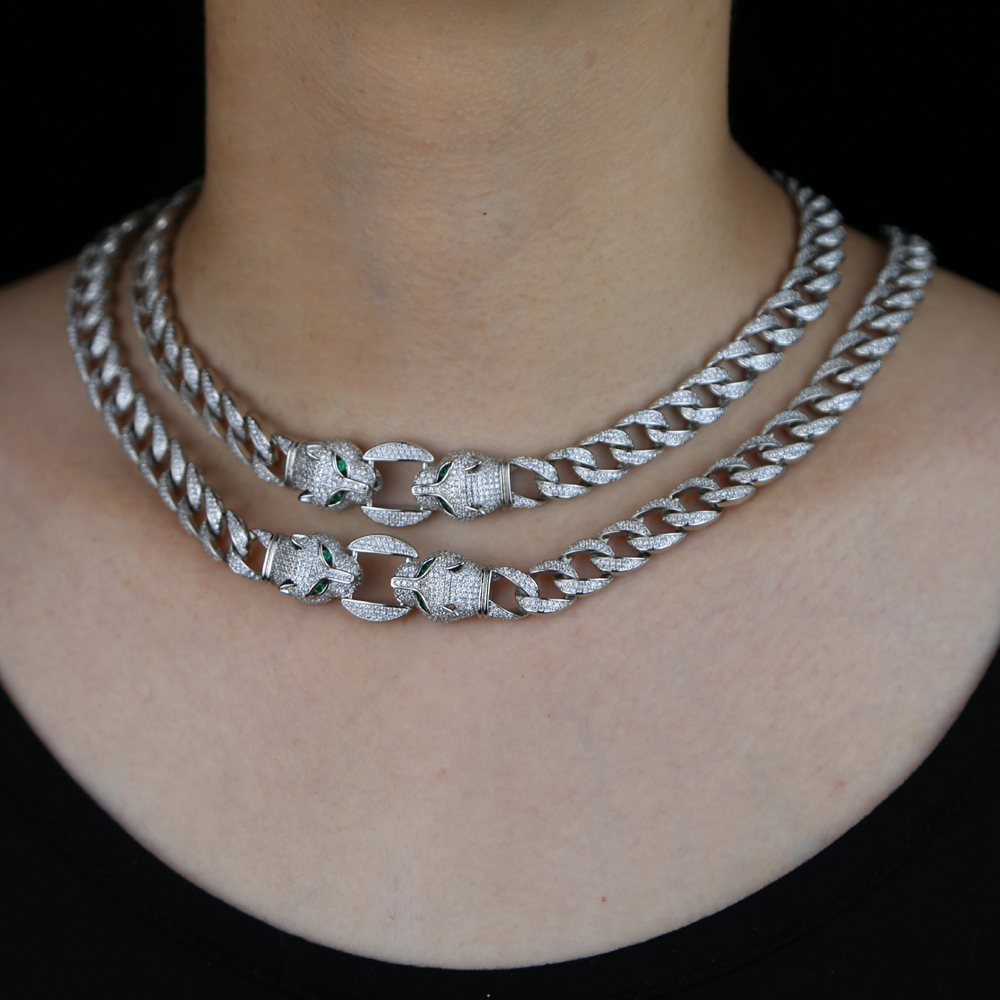 Iced out bling hip hop women necklace jewelry micro pave 5A CZ Cool animal design Leopard Jaguar charm cuban chain choker necklaces