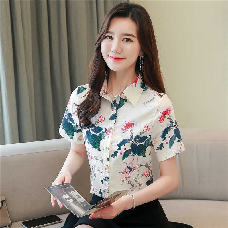 Korean Silk Shirts Women Satin Print Blouse Shirt Office Lady Floral Blouses Tops Plus Size Blusas Mujer De Moda 210531