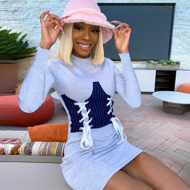 Colysmo Tshirt Dress Women Patchwork Lace up Stripe Long Sleeve Slim Fit Mini Bodycon Dresses Fall Lady Fashion White Vestidos 210527