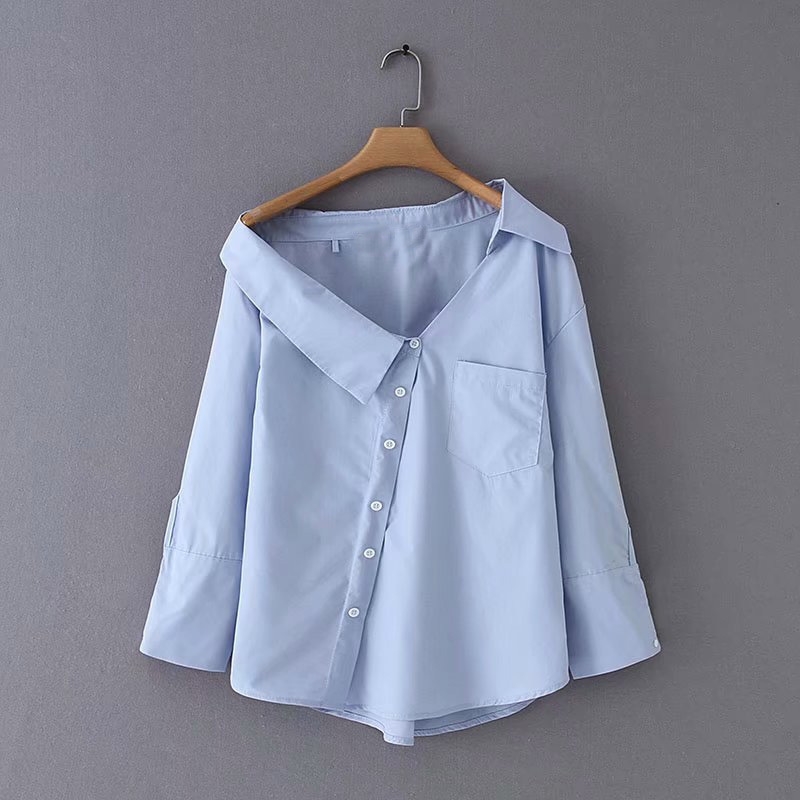 Newest women stylish solid blue irregular skew collar blouse long sleeve buttons decorate shirts elegant female tops 210225