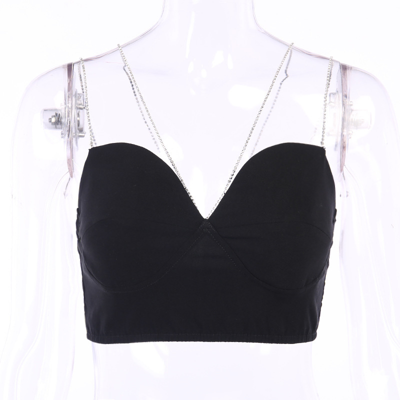 New shiny crystal strap Vest Personality Women black crop tops Fashion Tide All-match 210308