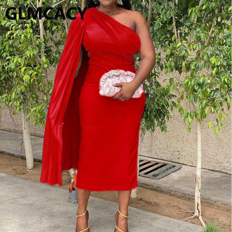 One Shoulder Cape Sleeve Elegant Evening Party Midi Dress 210702