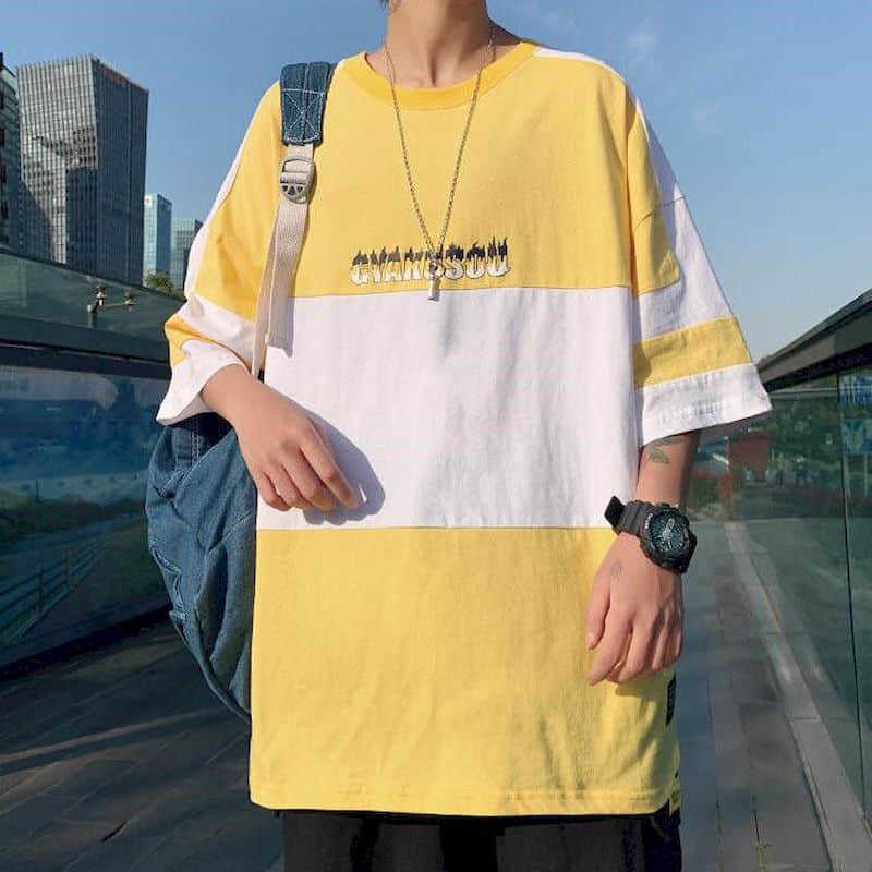 Cotton summer stitching short-sleeved t-shirt male students Korean loose trend youth clothes five-point sleeve men's clothing 210526