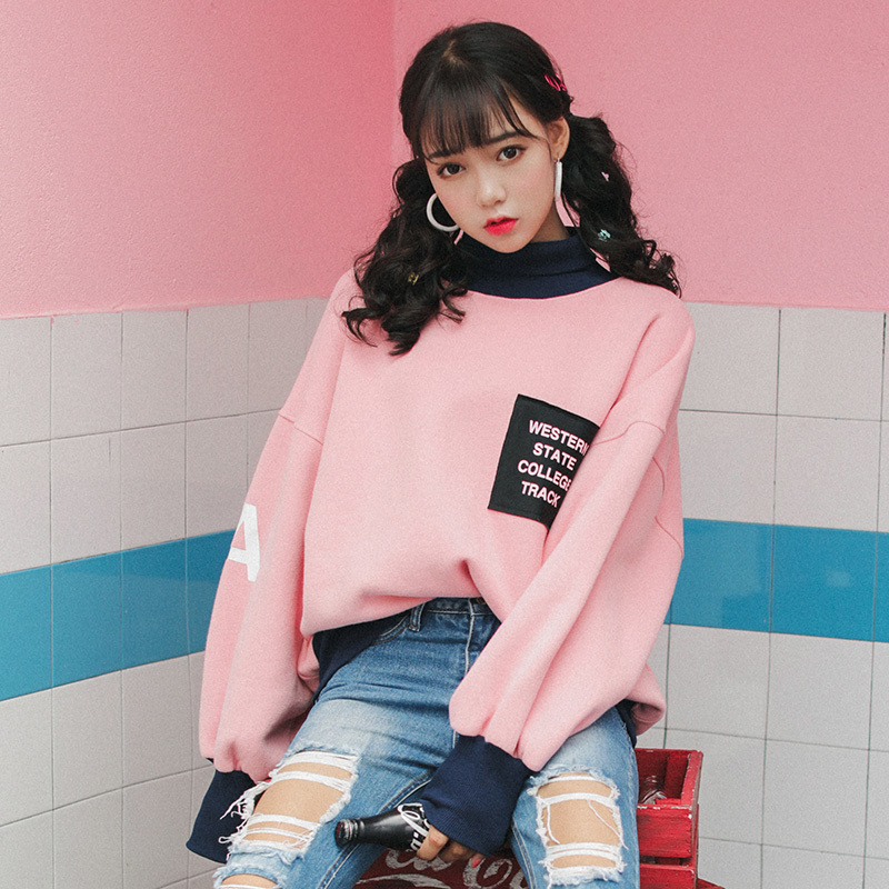 Ulzzang Preppy Style Oversized Loose Sweatshirt Women Cute Tops Winter Korean Style Women Thick Pink Sweatshirt Kawaii Clothes T200407