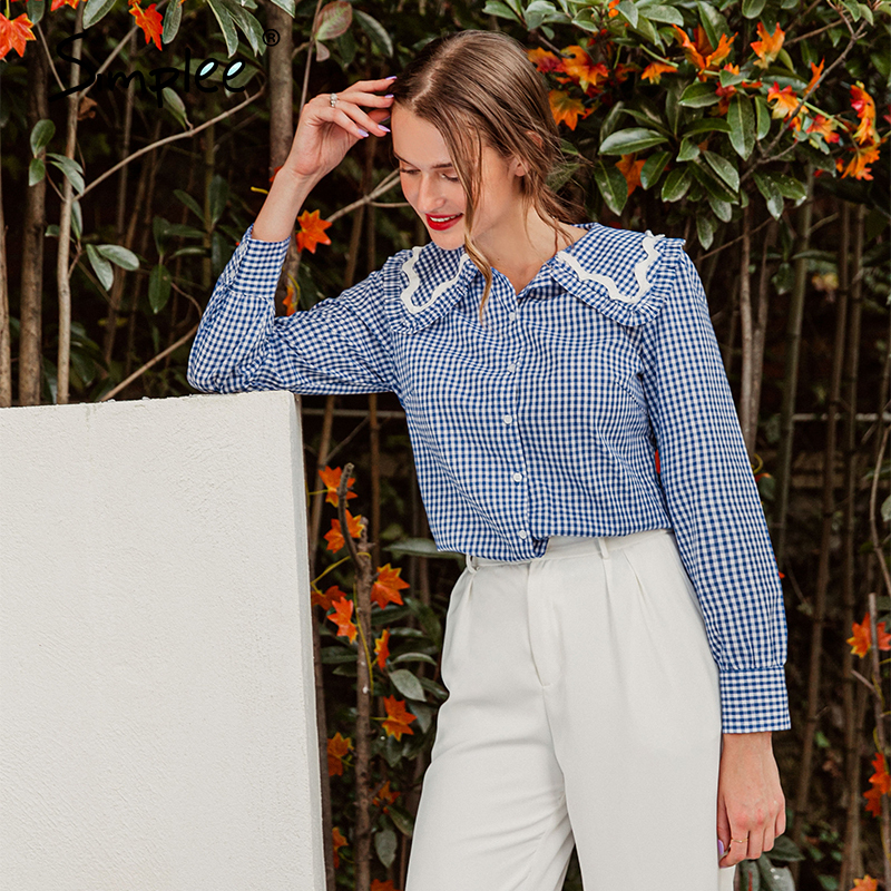 Vintage blue plaid turndown collar shirt Button long sleeve cotton blouse ladies Cute autumn winter women clothing 210308