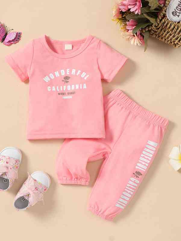 Baby Rose & Letter Graphic Tee & Sweatpants SHE