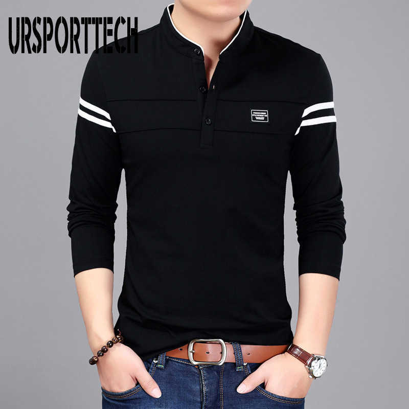 URSPORTTECH T Shirt Men Long Sleeve Spring Autumn Solid Tshirt Men's Clothing Mandarin Collar T-Shirts Tops Polo T Shirt for Men 210528