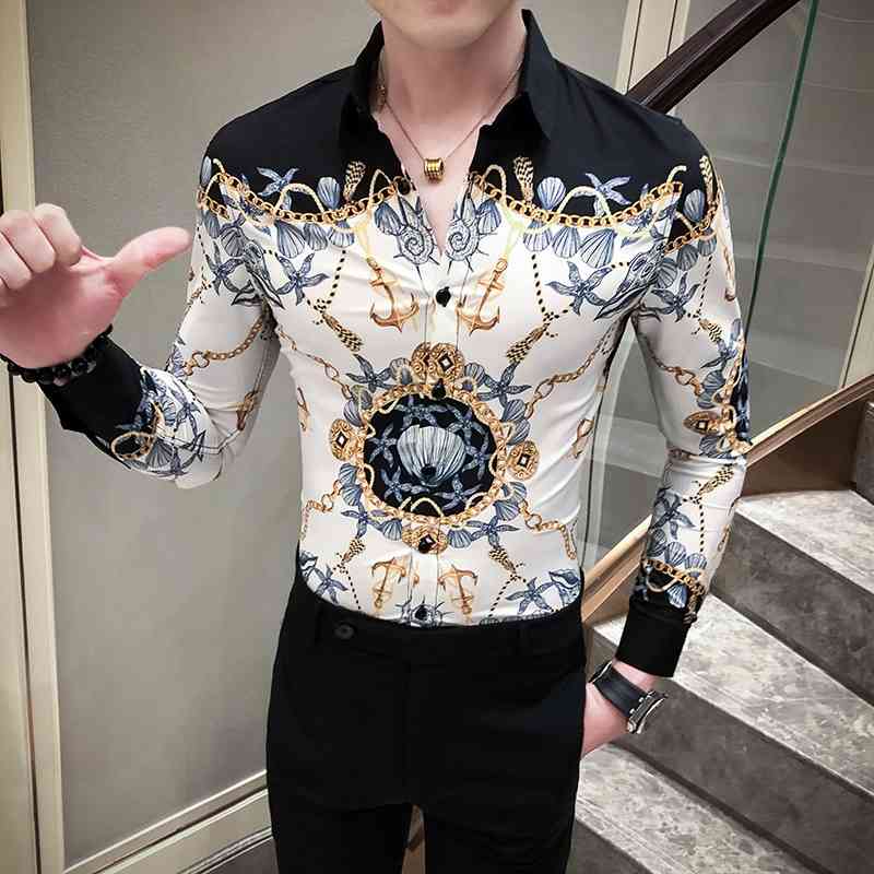 Gold Black Korean Men Clothes Streetwear Fashion Print Men Casual Shirt Slim Fit Men Shirt Dress Party Tuxedo Camiseta Masculina 210714