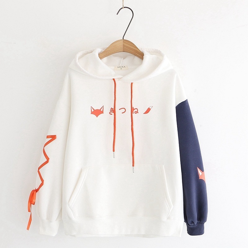 Thicken Sweet Style Hooded Sweatshirts Women Autumn Winter Fox Print Hit Color Loose Hoodies Student Cute Fleece Warm Clothing 201211