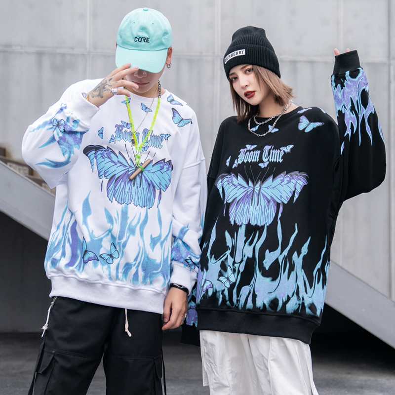 LENSTID Men Hip Hop Sweatshirt Blue Fire Flame Butterfly Harajuku Streetwear Hipster Pullover Hoodies Autumn Fashion Sweatshirts 201104