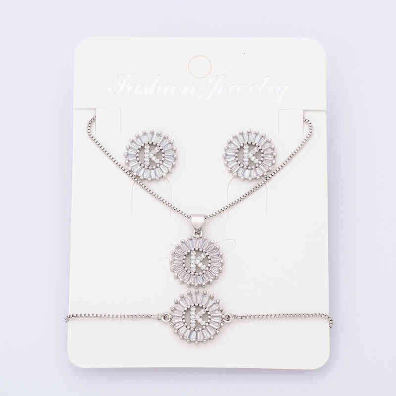 Charm Initial Necklace + Stud Earrings Bracelet Sets Jewelry Copper Zircon White Color A-z 26 Letters Alphabet Accessories