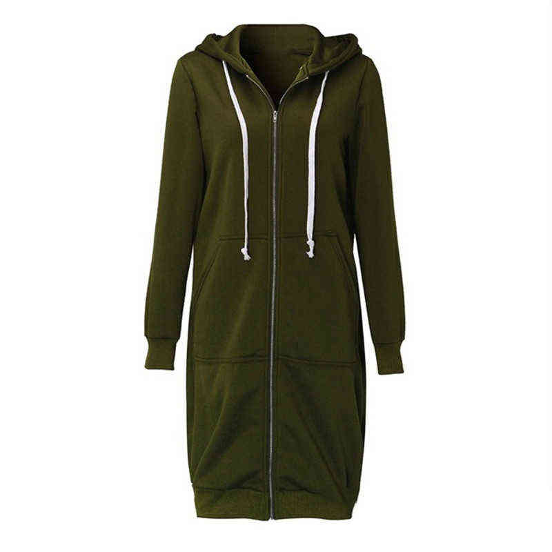 Autumn Casual Women Long Hoodies Sweatshirt Coat Zip Up Outerwears Hooded Jacket Winter Pockets Outwear Tops 211108