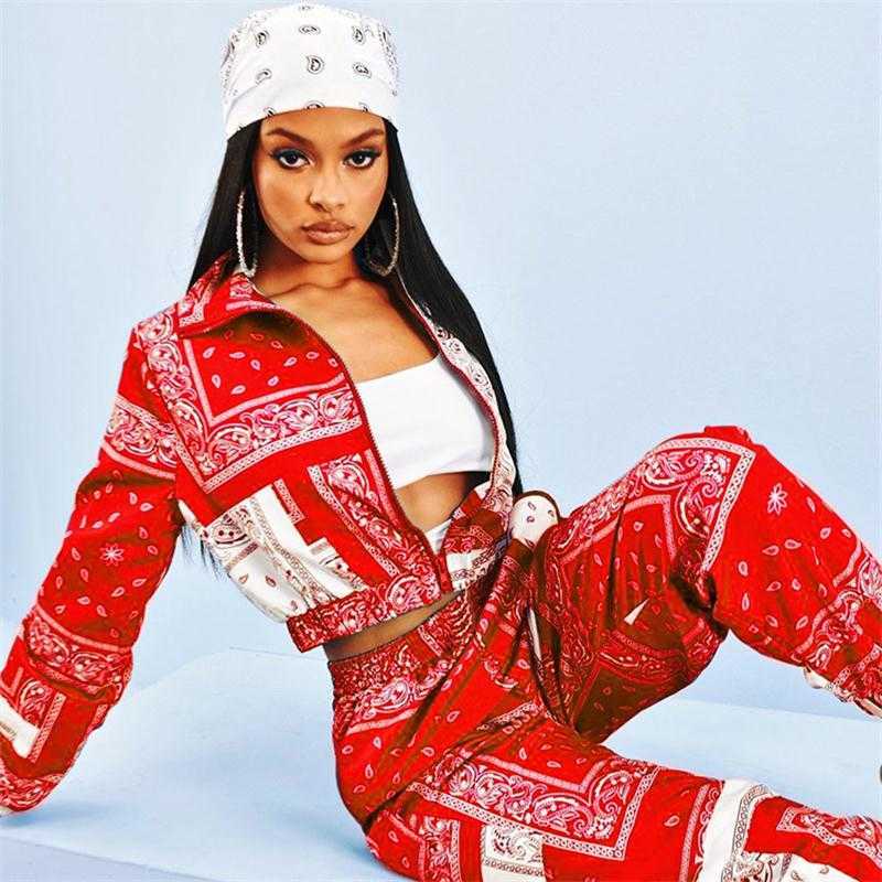 Bandana Print Two Piece Set Causal Paisley Print Long Sleeve Zippers Short Jacket Tops Jogger Pants Suit Outfit Street Tracksuit Y0625