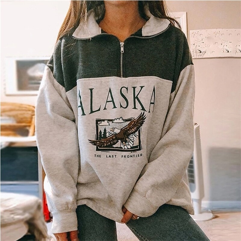 GOPLUS Fashion Women Cotton Stand Collar Half Zipper Letter Printing Long Sleeve Sweatshirts Vintage Casual Loose Sweatshirt 201209