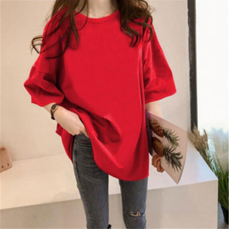 Pure color medium long T-shirt summer Short Sleeved Women Korean leisure large size loose-fitting college style women 210306