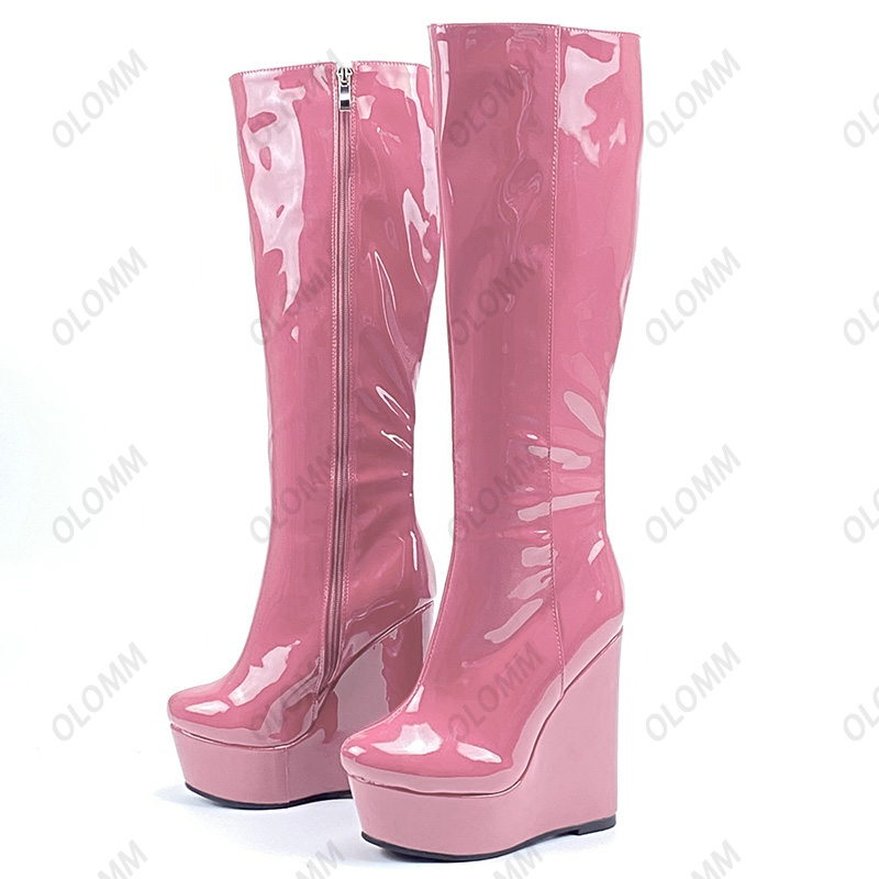 Rontic Handmade Women Winter Knee Boots Patent Leather Side Zipper Wedges Heels Round Toe Red Black Party Shoes Plus US Size 5-20