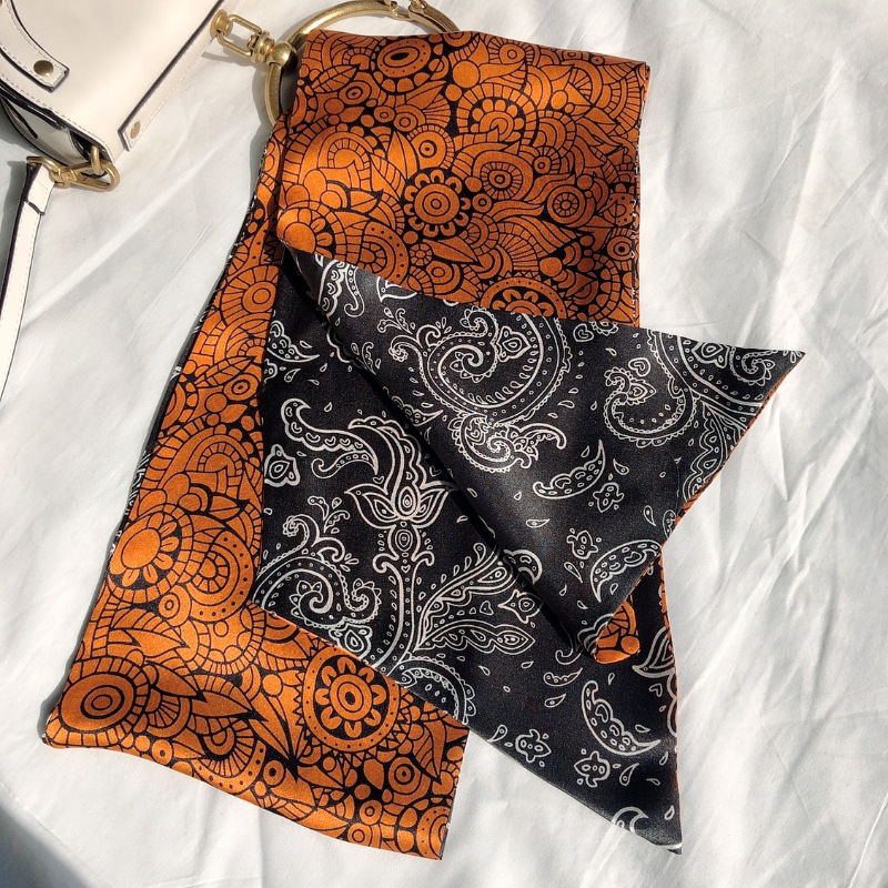 Silk Long Narrow Scarf with Multi-function Striped Flower Printing, High-quality Plain Crepe Satin Double-layer Wild Streamer
