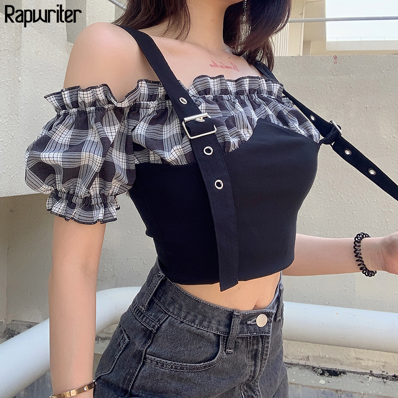 Rapwriter Adjustable Strap Summer T Shirt Patckwork Plaid Tops Ruffles Short Sleeve Streetweat Harajuku Tee Shirt Crop Tops 210302