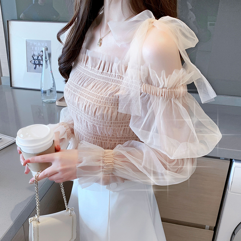 Women's Tops Ruffle mesh stitched Transparent lace chiffon shirt one-word Shoulder Sexy Splice Chiffon Bow Blouses Shirts 91B 210225