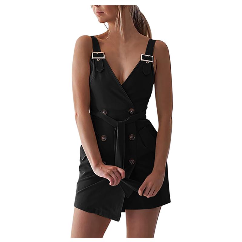 Casual Dresses Fashion Summer Dress Women's Sleeveless Camisole Mini Soild V-neck Button Frenulum Vestidos Mujer Verano