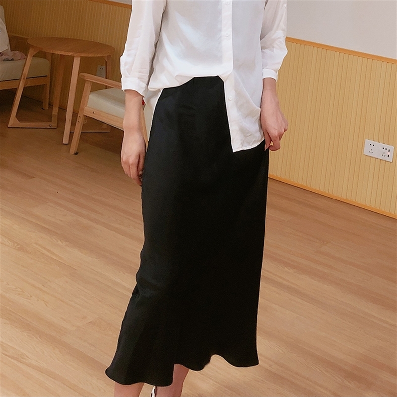 Women's 100% Pure Silk Satin Fishtail Midi Pencil Long Skirt JN020 T200113