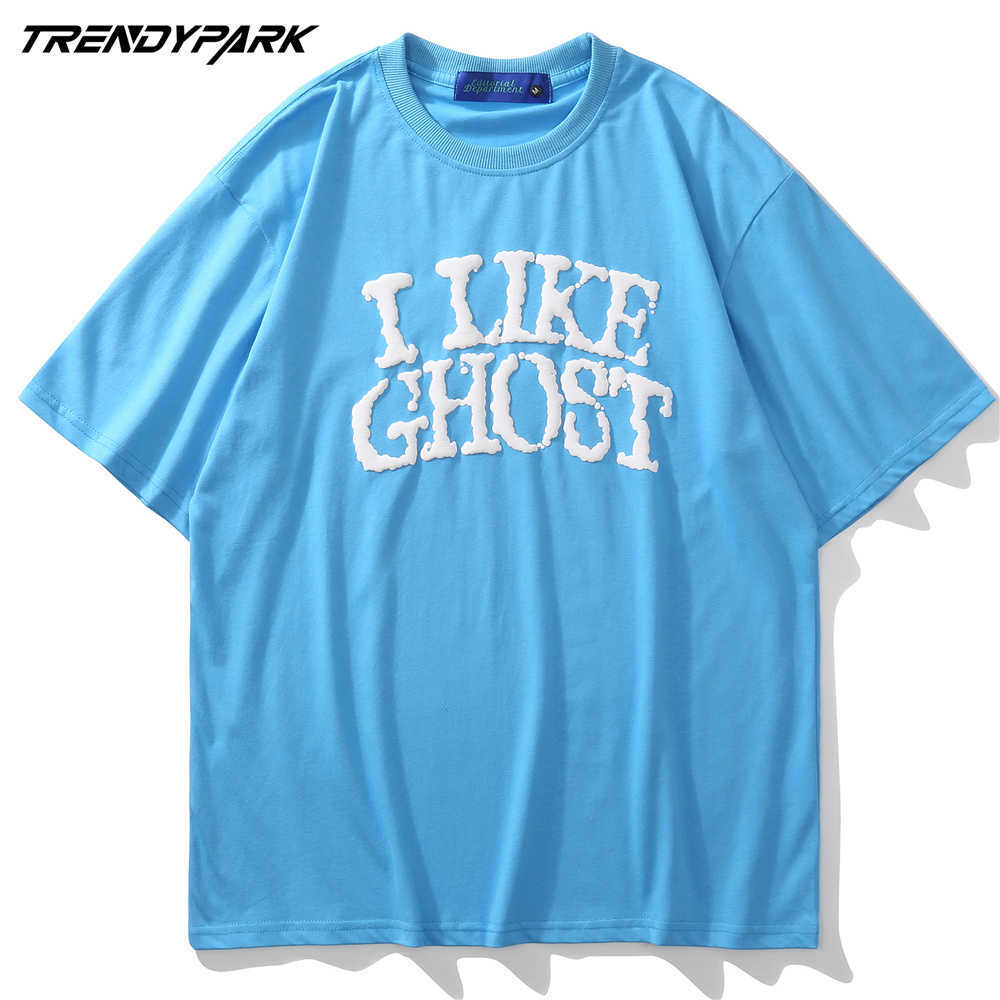 Men's Harajuku Tees Shirts Foaming Printing I Like Ghost Oversized Cotton Tshirts Fashion Short Sleeve T-Shirt Summer Tops 210601