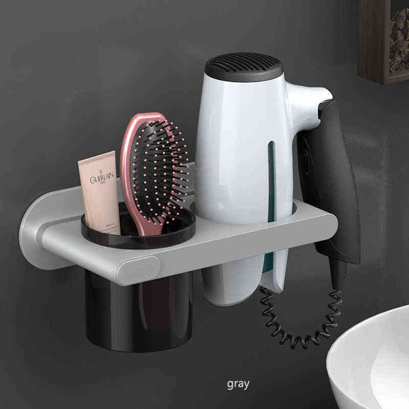 Wall Mounted Hair Dryer Holder Self-Adhesive dryer Rack Punch-Free Bathroom Supplies Shelf Organizer 211112