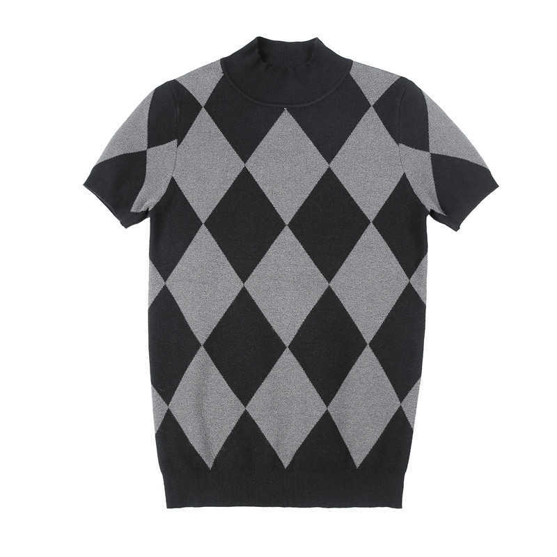 British Style Autumn Winter Short Sleeve Sweater Men Clothing Fashion Diamond Lattice Turtleneck All Match Casual Slim Pullovers 211018