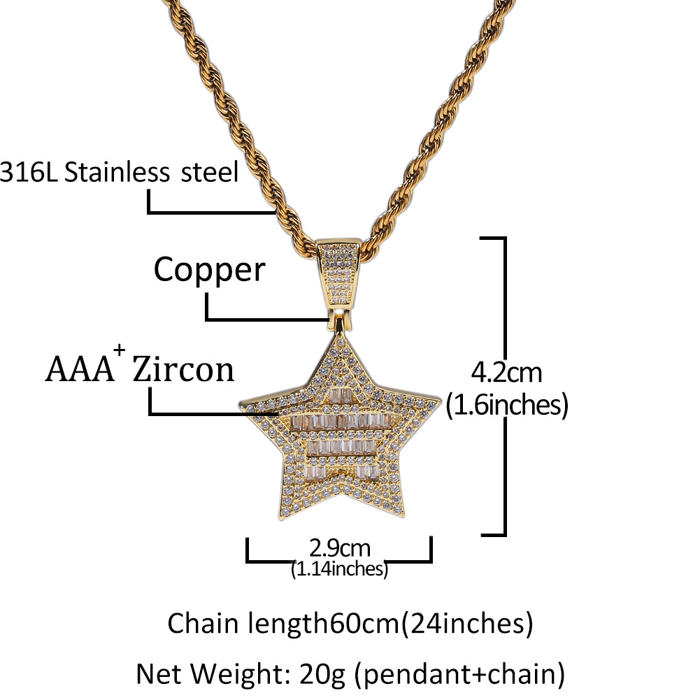 Hip Hop Star Pendant Necklace Bling 18K Real Gold Plated Shining Crystal Zircon Men Women Gift