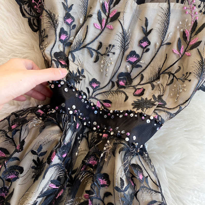 Feminine Spring Summer Round Neck Short Sleeve Gauze Hollow Hook Flower Slim Fitting A-line Elegant Dress Vestidos R223 210527