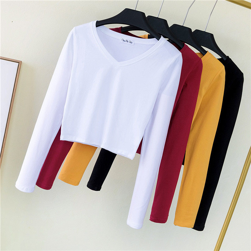 Autumn Large Sizes Cotton Women's Clothing V-Neck Long Sleeve Slim Base Short T-shirts Women Fashion Casual Street Ropa Mujer 210302
