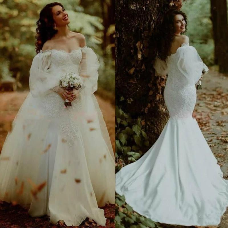 Wedding Mermaid Dresses Bridal Gown with Overskirt Long Poet Sleeves Off the Shoulder Lace Applique Sweep Train Custom Made Plus Size Vestidos De Novi