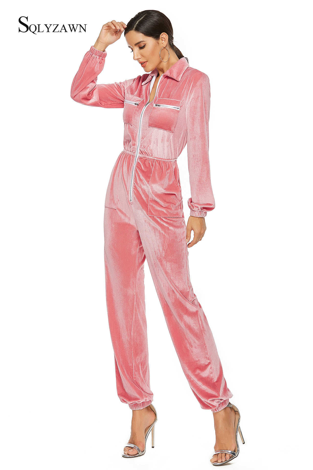 Soft Veet Jumpsuit Women Zipper Multi-Pocket Long Sleeve Rompers Elegant Female Cargo Overalls Streetwear Velour Tracksuits 210709