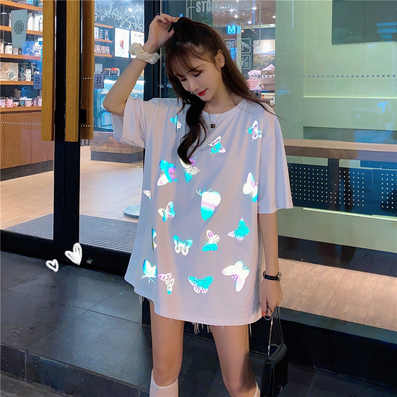 Harajuku Hip Hop INS reflective butterfly T-shirt summer loose women shirts white top korean clothes plus size 210302