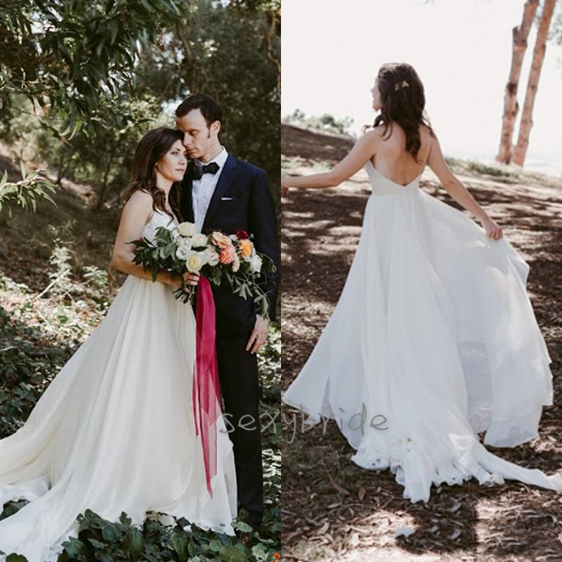 Elegant Chiffon Boho Wedding Dresses Sexy Spaghetti Straps Open Back A Line Bohemain Bridal Gowns Simple Cheap Bride Dress vestido de noiva