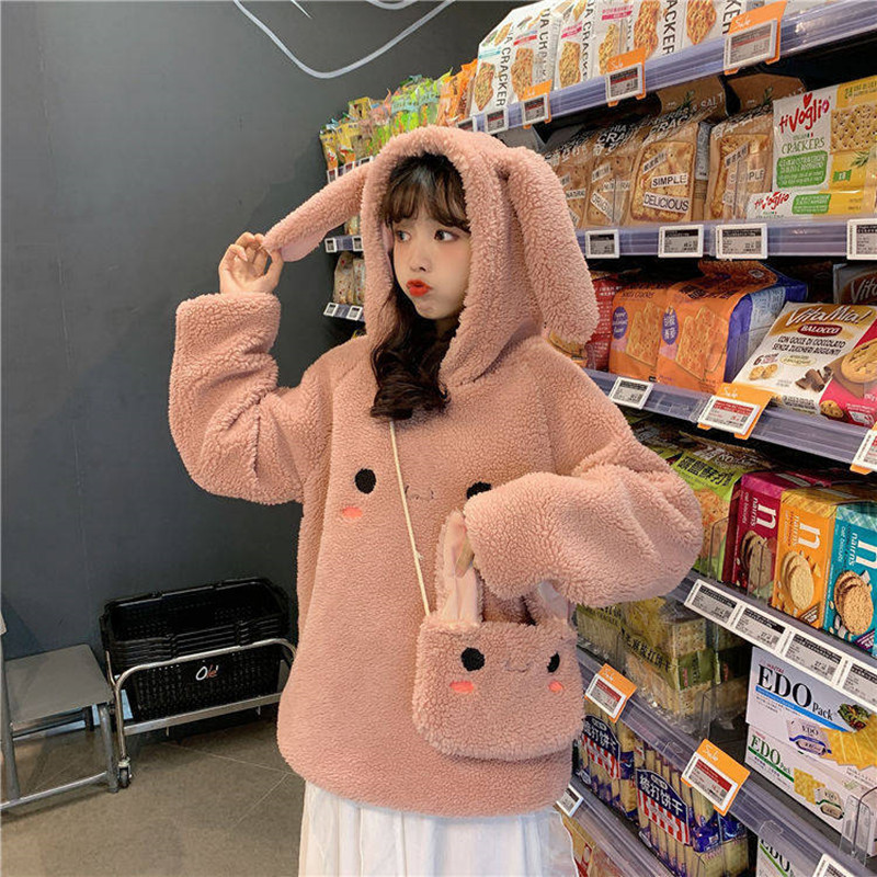 Bunny Hoody Women Cute Rabbit Ear Student Hoodie Long Sleeve Big Size Sweet warm coat Winter/Spring Fashion Streetwear Clothes 201102