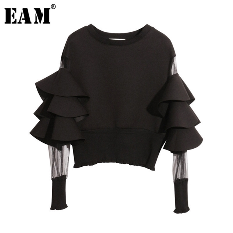 [EAM] New Spring Round Neck Long Sleeve Solid Color Gauze Split Joint Loose Sweatshirt Women Fashion Tide LJ201130