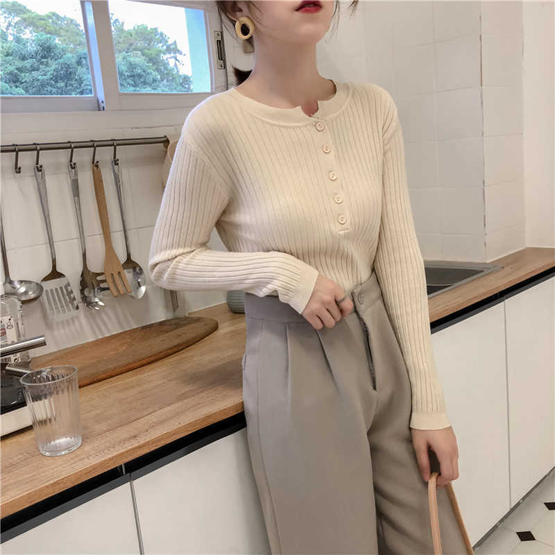 Colorfaith Winter Spring Women Pullovers Sweater Knitted Elegant Buttons Casual Ladies Jumpers Bottoming SW9065 210918