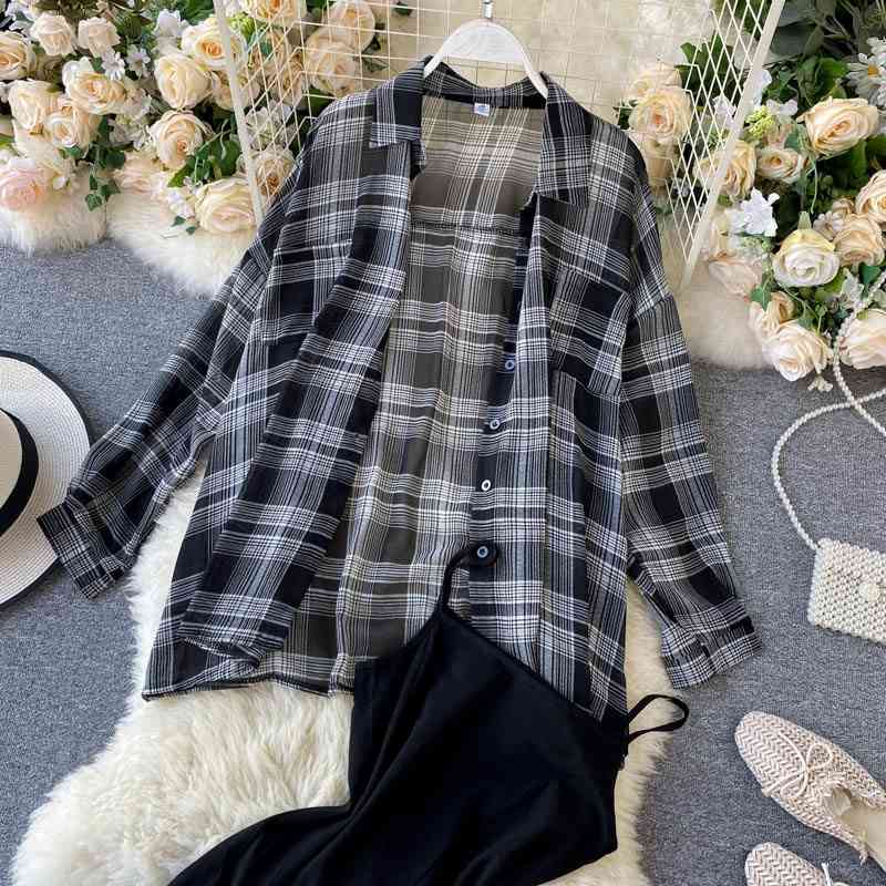 LY VAREY LIN Summer Autumn Casual Two Piece Set Long Sleeve Plaid Grey Overcoats Spaghetti Strap Slim Black Solid Dress 210708