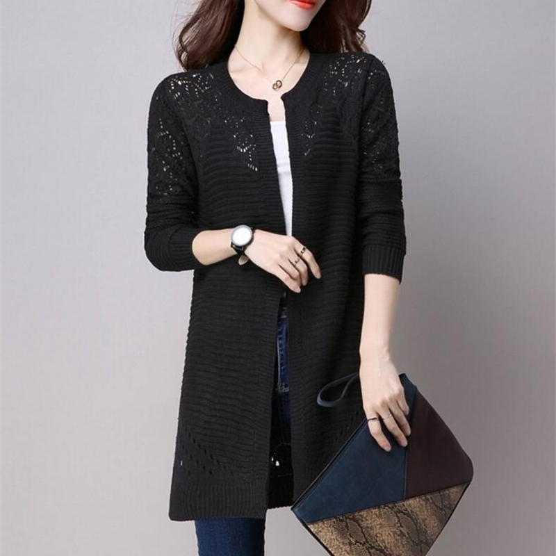 Fall Women Cardigan Solid Color Hollow Out Sweaters Size S-XXL Poncho Full Sleeve Open Stitch Female Knitted Outerwear 210812