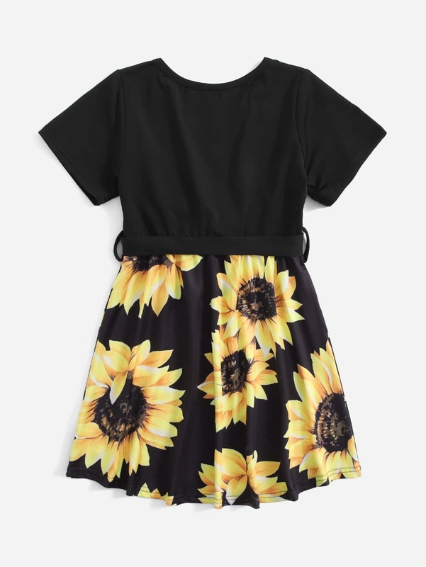 Toddler Girls 1pc Sunflower Print Belted Dress SHE