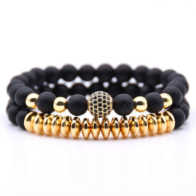18K Gold Silver Plated CZ Micro Pave Ball Charm Beads Strands Bracelet 2pcs/set
