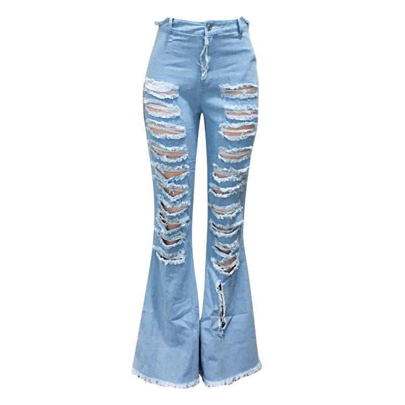Summer Denim Pants Women Retro Solid Sexy Hole Jeans Ripped Flare Trousers Street Skinny High Waist Lady Pants GL8342 210222