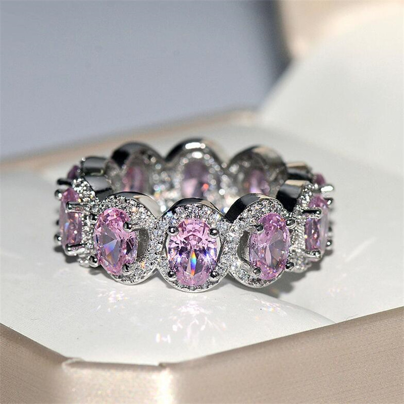 Sparkling Top Sell Luxury Jewelry 925 Stelring Silver Fill Oval Cut White Topaz CZ Diamond Eternity Party Women Wedding Bridal Ring Set Gift