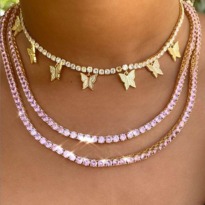 New 5mm Rose Gold Cluster Round Pink CZ Ziron Tennis Bracelets&Anklet Hip Hop Bling Iced Out CZ Necklace& Ring Women Jewelry Set Gifts